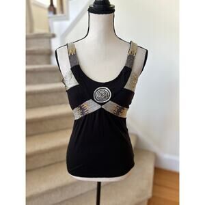 Vintage Y2K Black Spiral Silver Gold Sequin Boho Baby Doll Tank Top